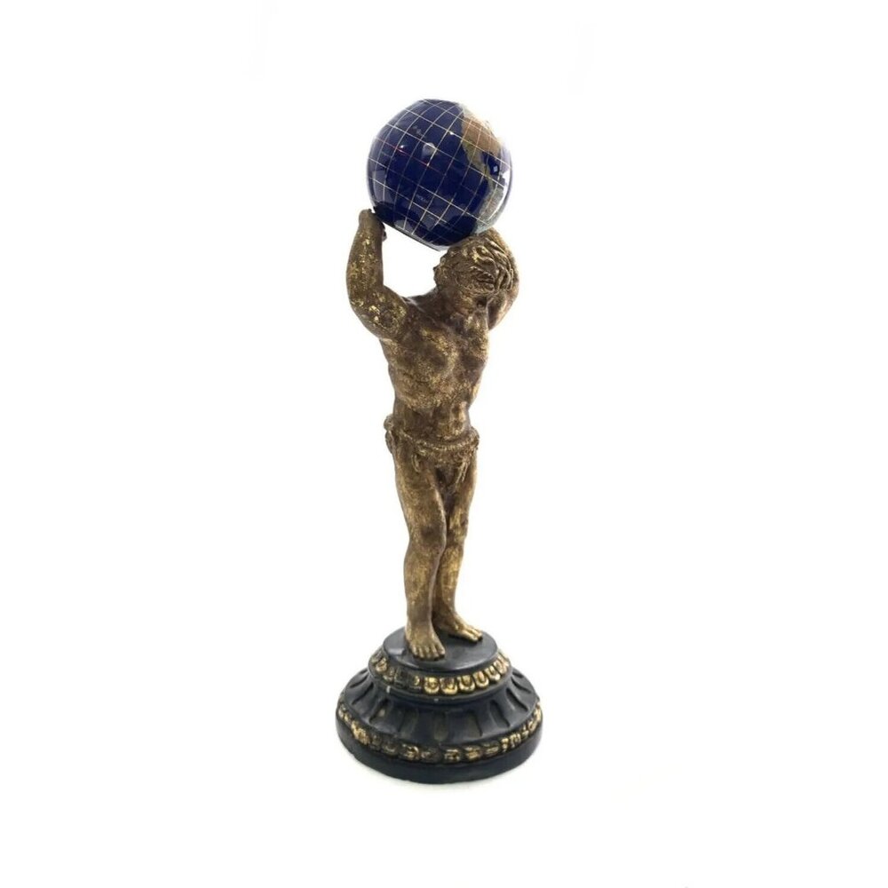 Greek Statue Carrying Precious Stones World Globe Vintage Art Decor